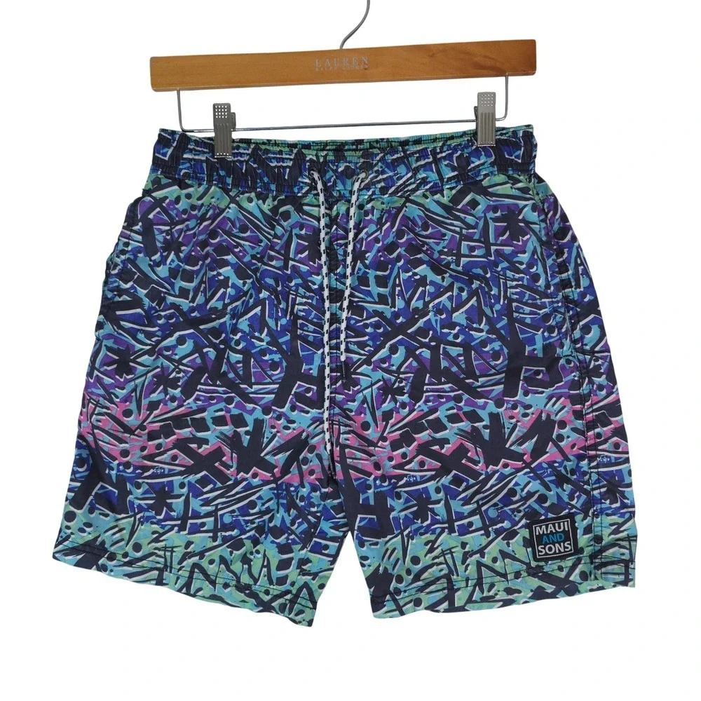 Maui and Sons Swim Trunks Mens Small Multicolor Retro Abstract Surf Board Shorts